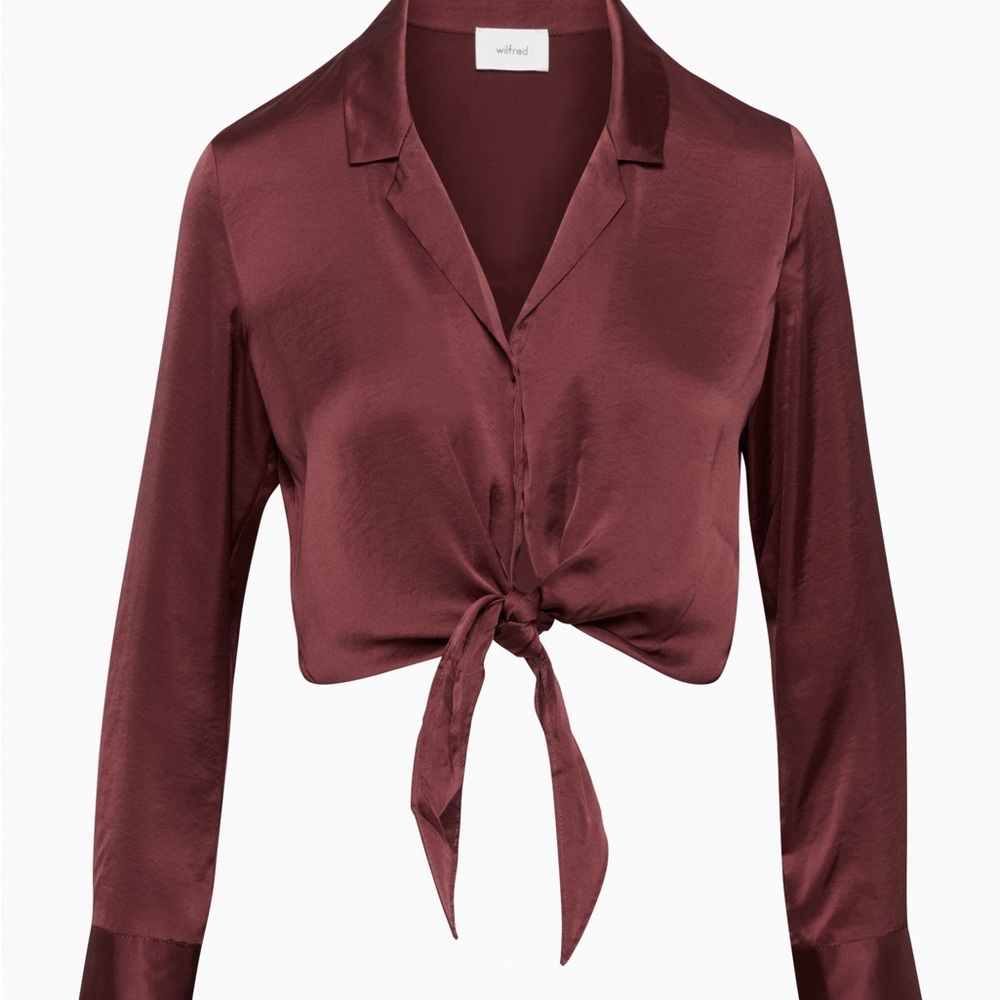 Wilfred Wine Satin Tie-Front Button-Down Blouse